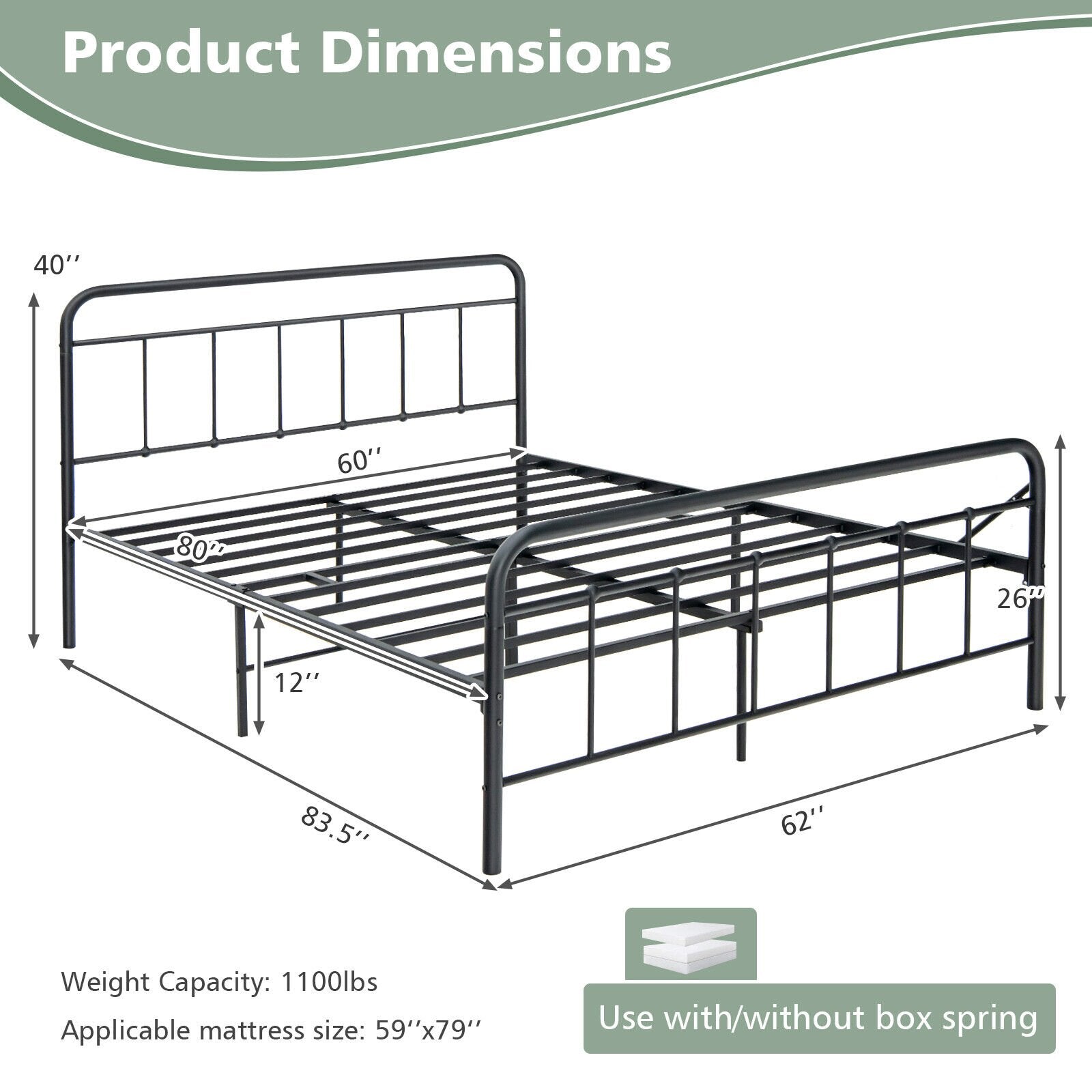 Heavy Duty Metal Platform Bed Frame with Headboard-Queen Size, Black Simple Bed Frame   at Gallery Canada