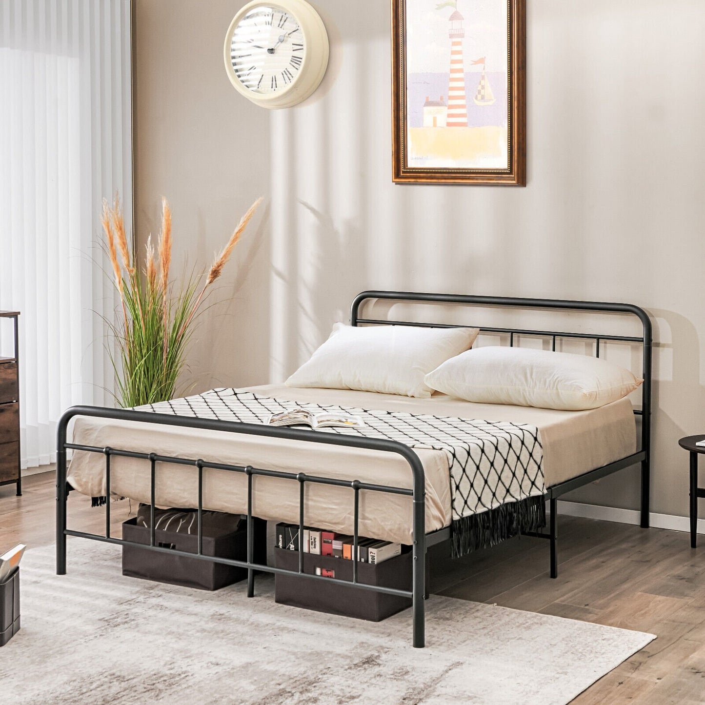 Heavy Duty Metal Platform Bed Frame with Headboard-Queen Size, Black Simple Bed Frame   at Gallery Canada