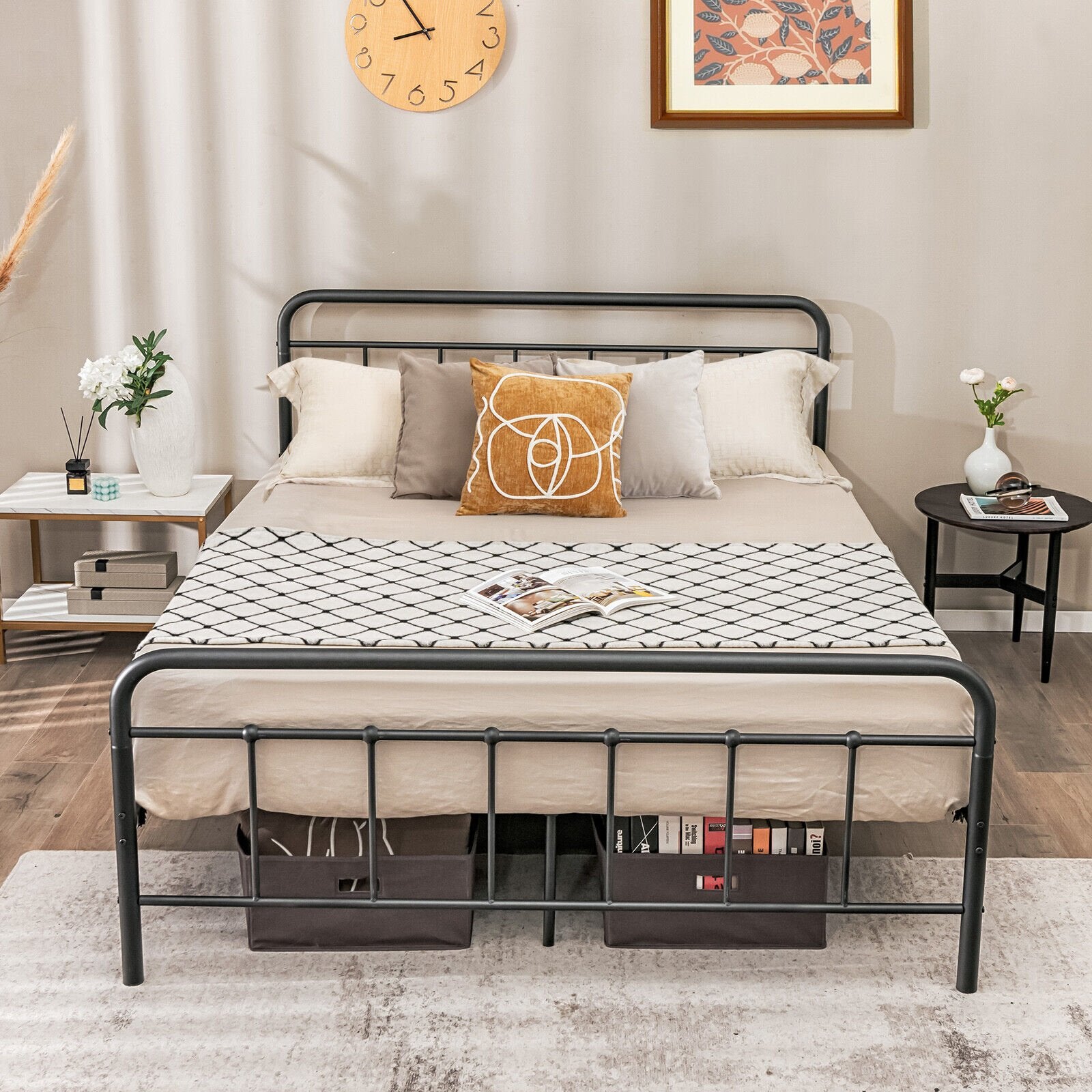 Heavy Duty Metal Platform Bed Frame with Headboard-Queen Size, Black Simple Bed Frame   at Gallery Canada