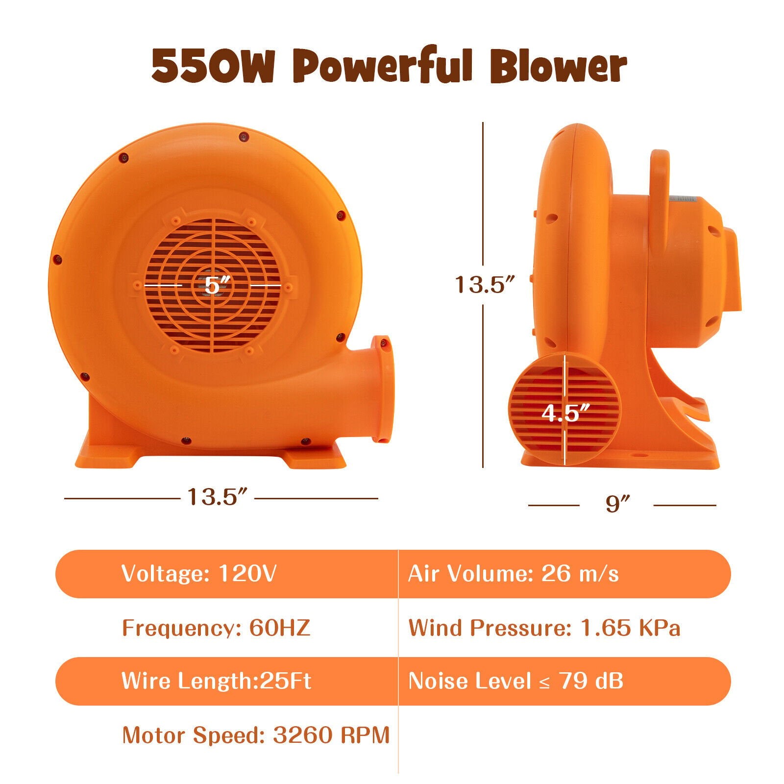 750W/550W/380W Air Blower for Inflatables with 25 feet Wire and GFCI Plug-550W, Orange Air Blowers   at Gallery Canada