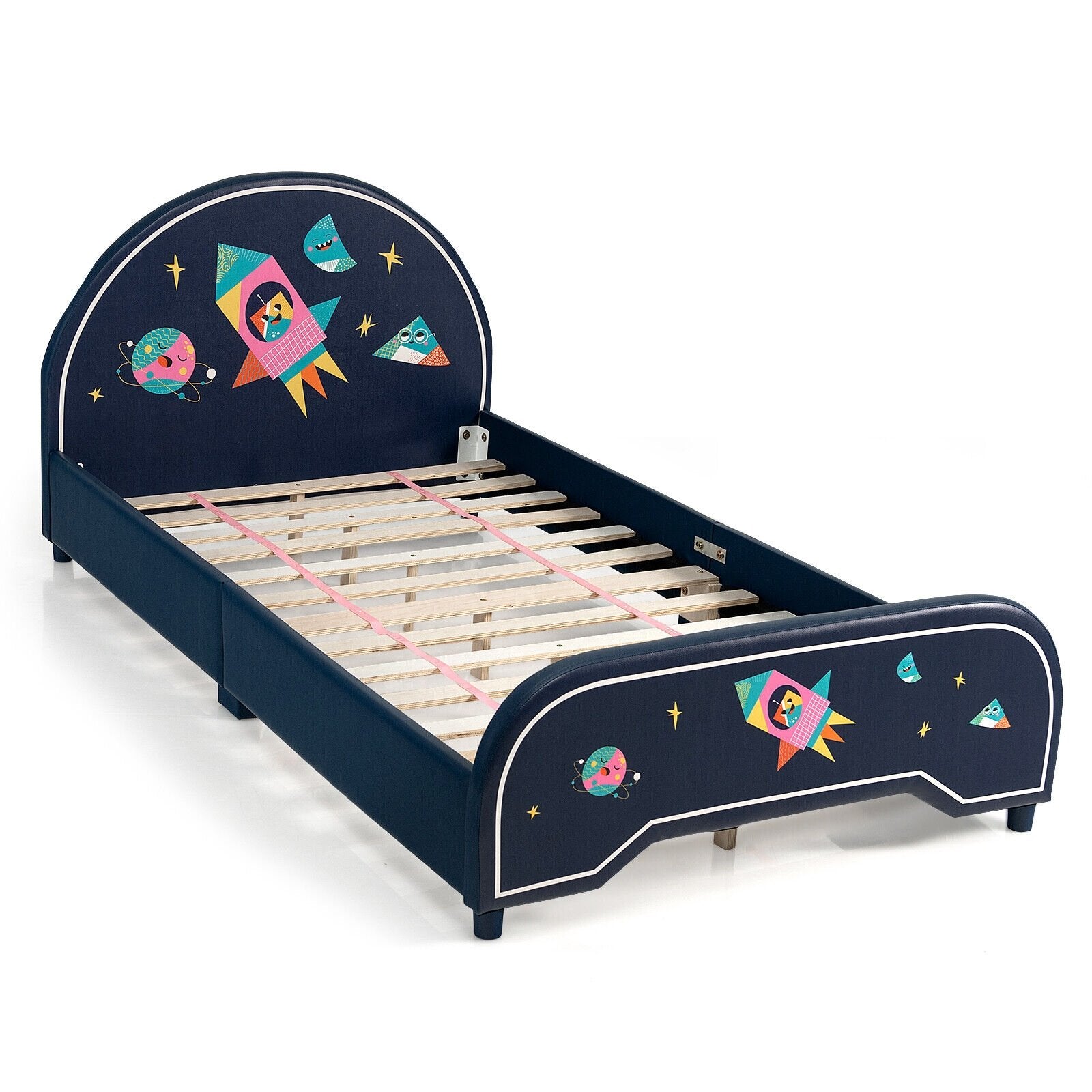 Kids Twin Size Upholstered Platform Bed with Rocket Pattern, Dark Blue Toddler Beds   at Gallery Canada