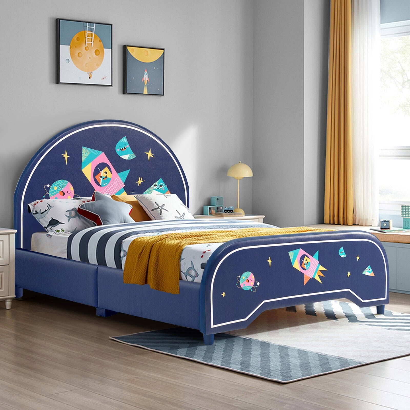 Kids Twin Size Upholstered Platform Bed with Rocket Pattern, Dark Blue - Gallery Canada