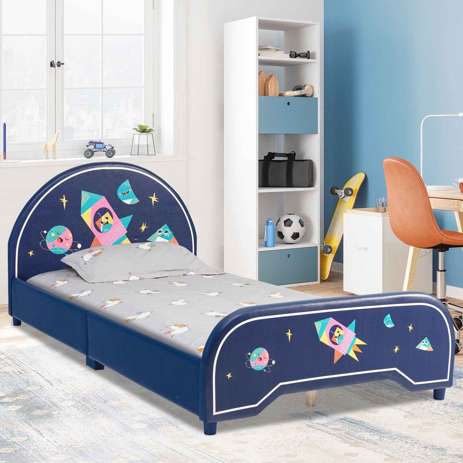 Kids Twin Size Upholstered Platform Bed with Rocket Pattern, Dark Blue - Gallery Canada
