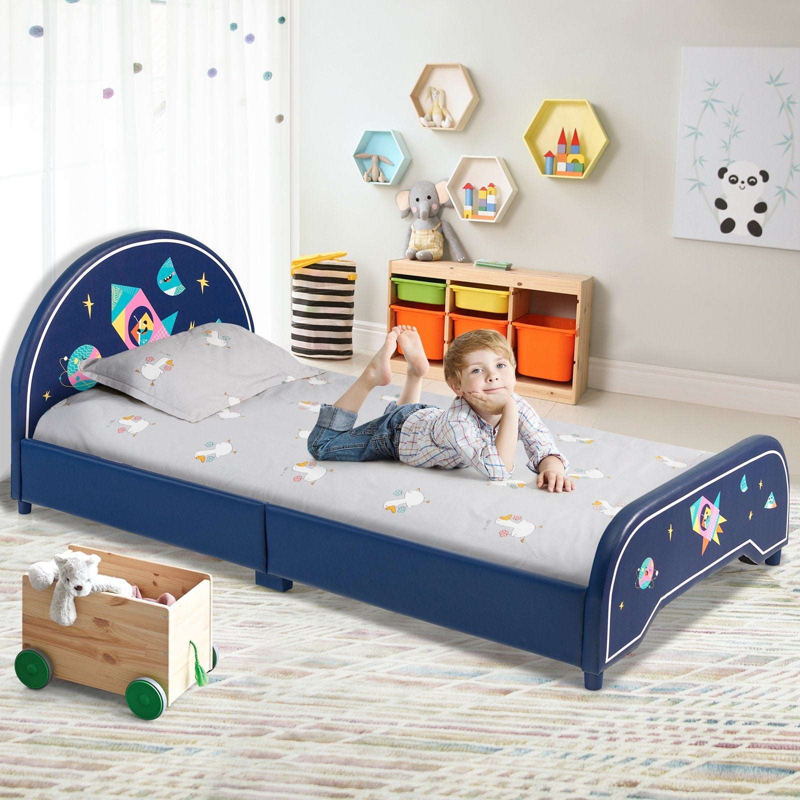 Kids Twin Size Upholstered Platform Bed with Rocket Pattern, Dark Blue Toddler Beds   at Gallery Canada