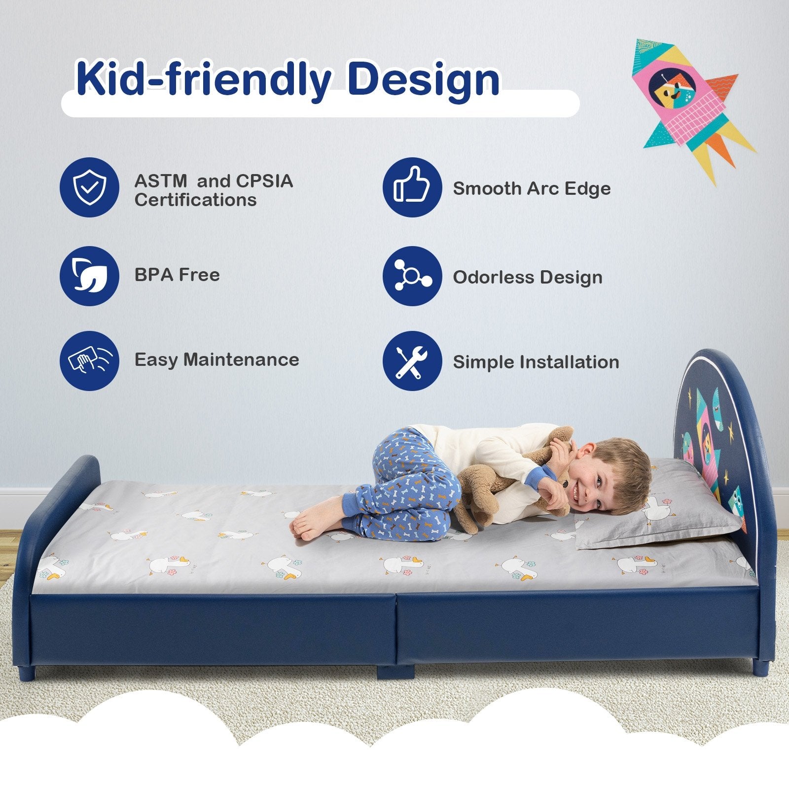 Kids Twin Size Upholstered Platform Bed with Rocket Pattern, Dark Blue Toddler Beds   at Gallery Canada