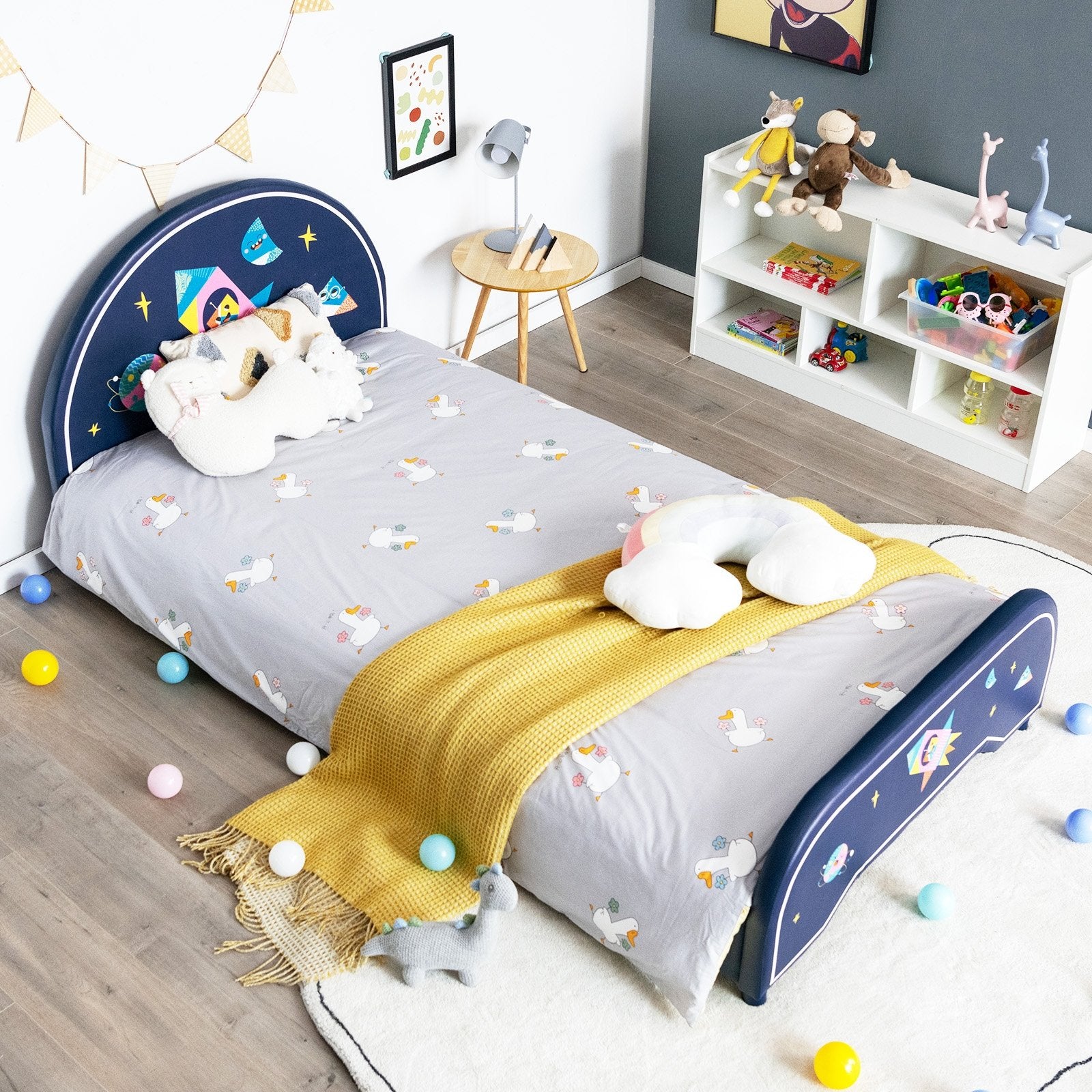 Kids Twin Size Upholstered Platform Bed with Rocket Pattern, Dark Blue Toddler Beds   at Gallery Canada