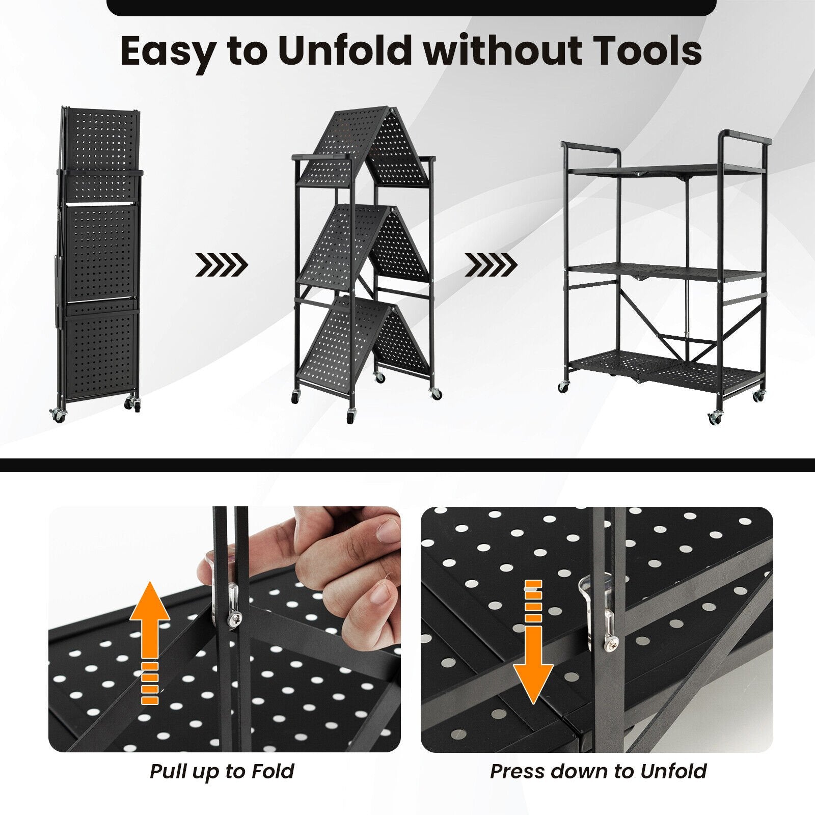 3-Tier Folding Utility Cart with 2 Lockable Casters, Black - Gallery Canada