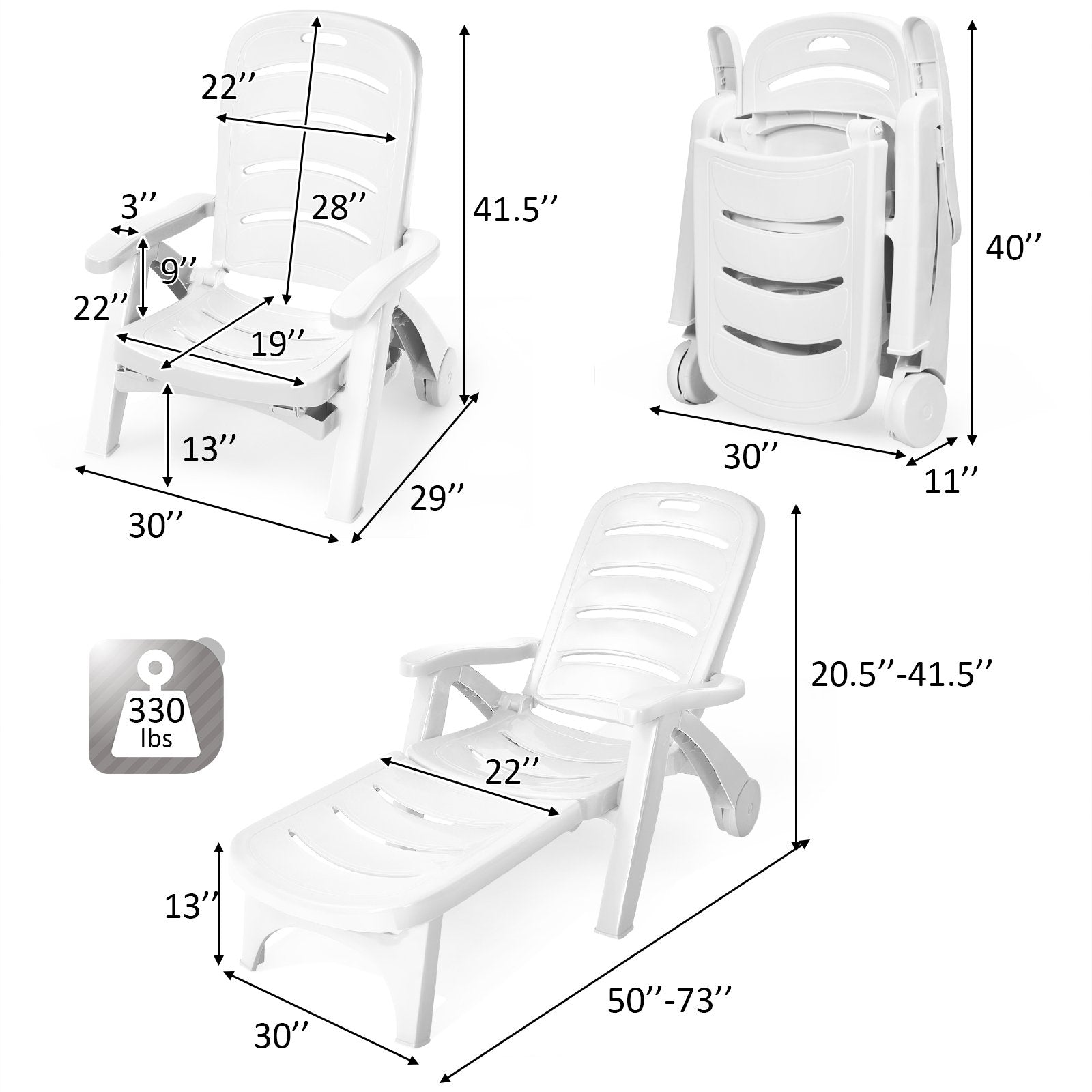 5 Position Adjustable Patio Recliner Chair with Wheels, White Outdoor Chaise Lounges   at Gallery Canada