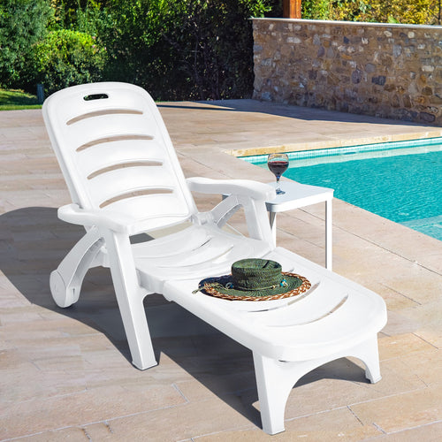 5 Position Adjustable Patio Recliner Chair with Wheels, White