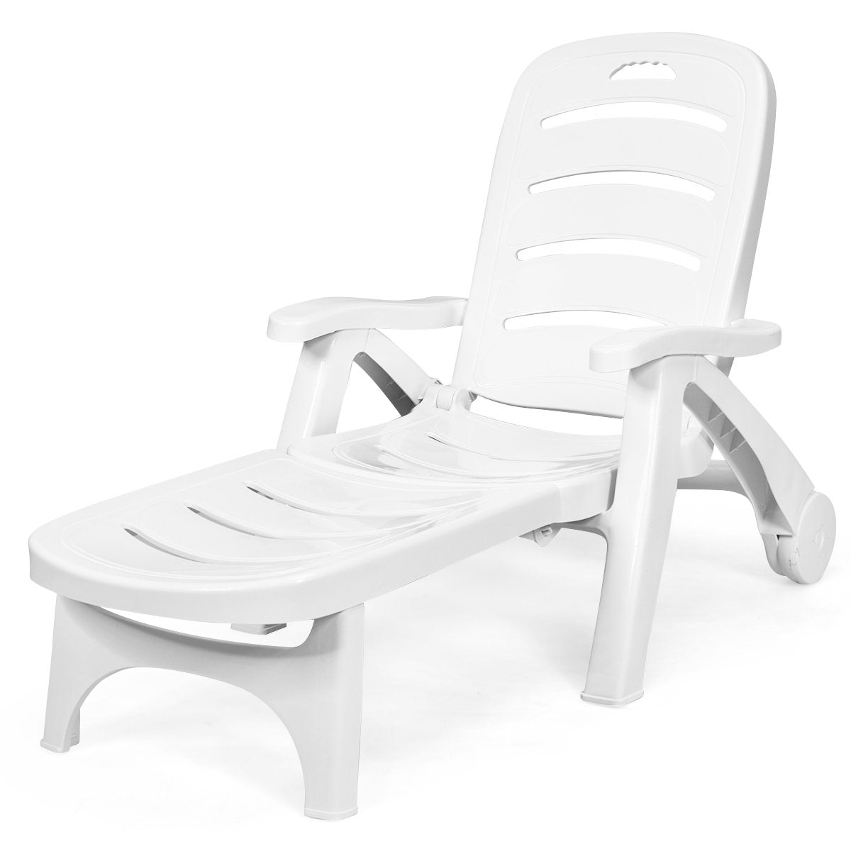 5 Position Adjustable Patio Recliner Chair with Wheels, White Outdoor Chaise Lounges   at Gallery Canada