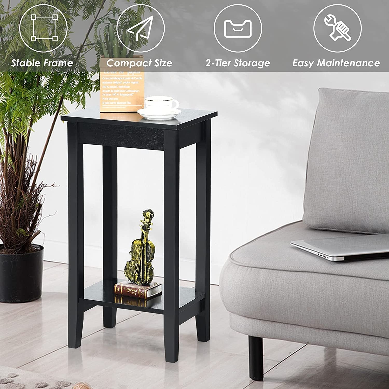 Set of 2 Versatile 2-Tier End Table with Storage Shelf, Black - Gallery Canada