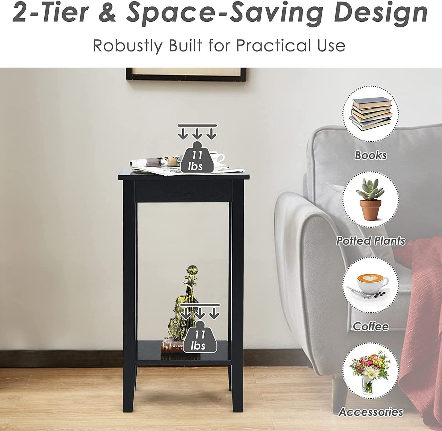 Set of 2 Versatile 2-Tier End Table with Storage Shelf, Black - Gallery Canada