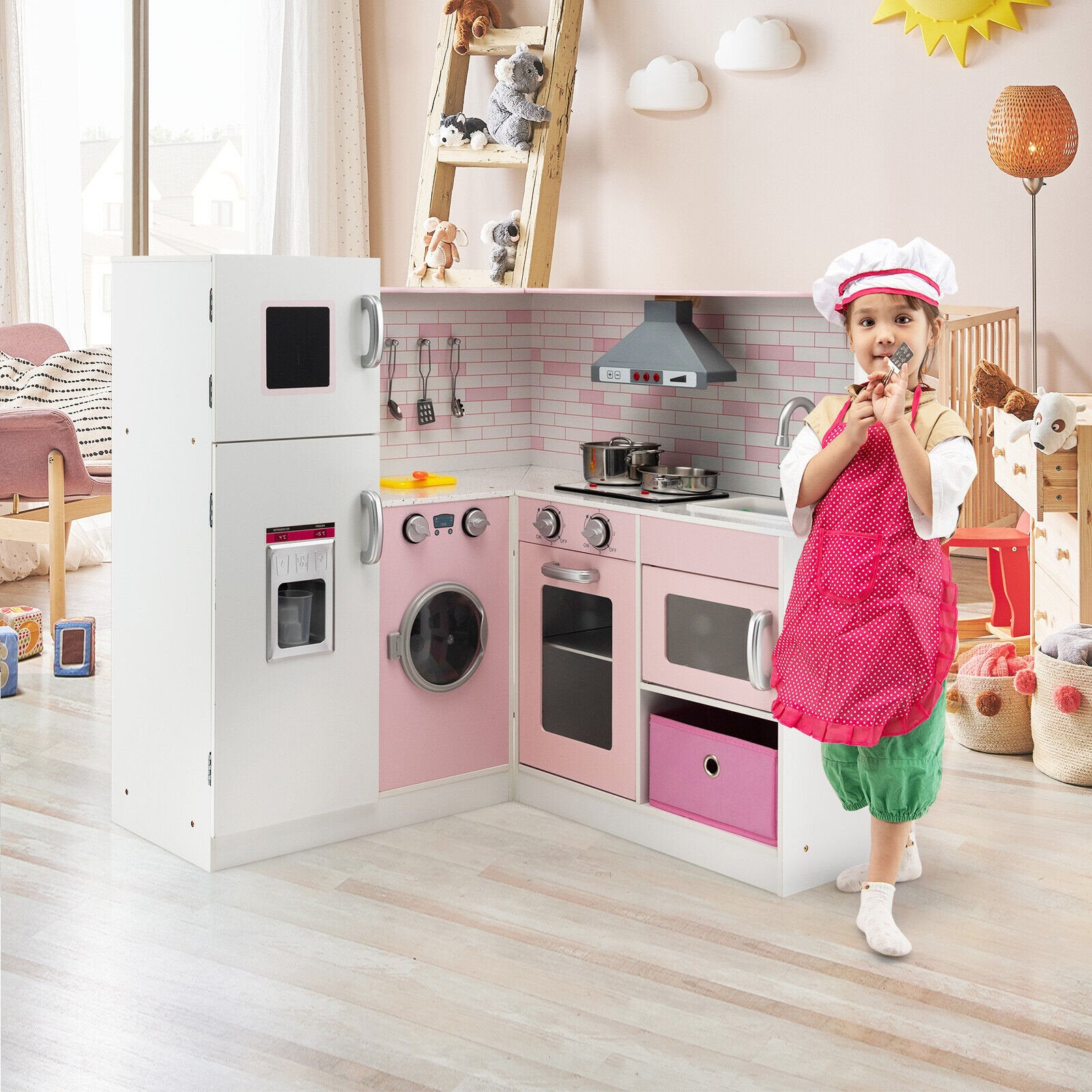 Corner Play Kitchen Wooden Toy Set with Sound and Light, Pink Play Kitchen Sets   at Gallery Canada