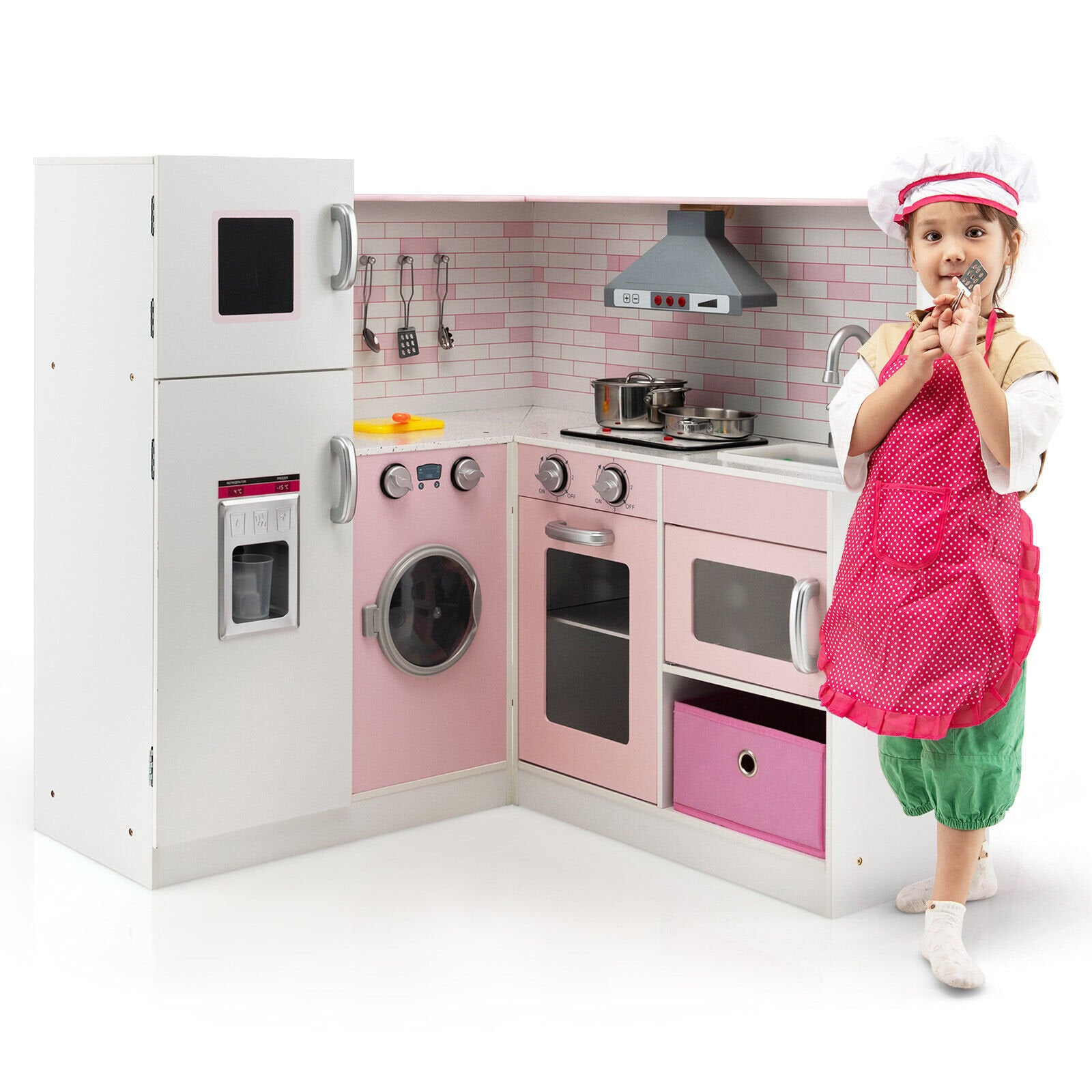 Corner Play Kitchen Wooden Toy Set with Sound and Light, Pink Play Kitchen Sets   at Gallery Canada