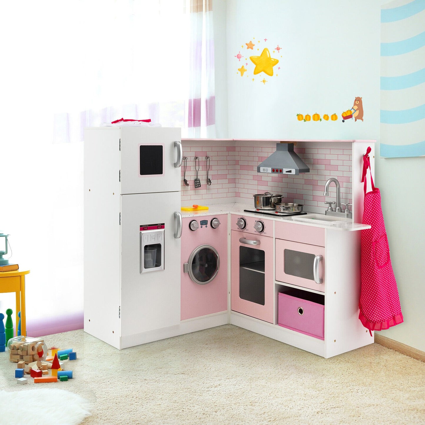 Corner Play Kitchen Wooden Toy Set with Sound and Light, Pink Play Kitchen Sets   at Gallery Canada