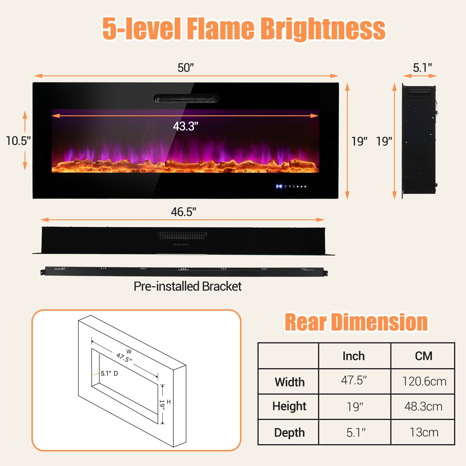 50/60 Inch Wall Mounted Recessed Electric Fireplace with Decorative Crystal and Log-50 inches, Black Fireplaces   at Gallery Canada