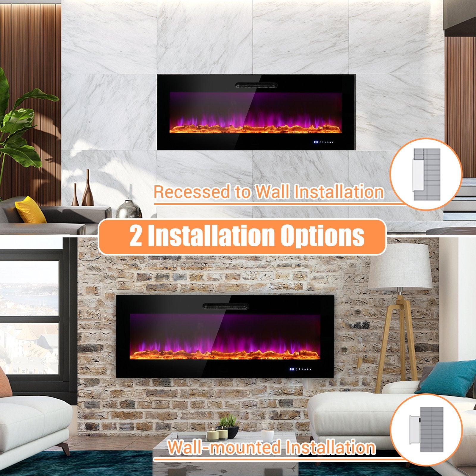 50/60 Inch Wall Mounted Recessed Electric Fireplace with Decorative Crystal and Log-50 inches, Black Fireplaces   at Gallery Canada