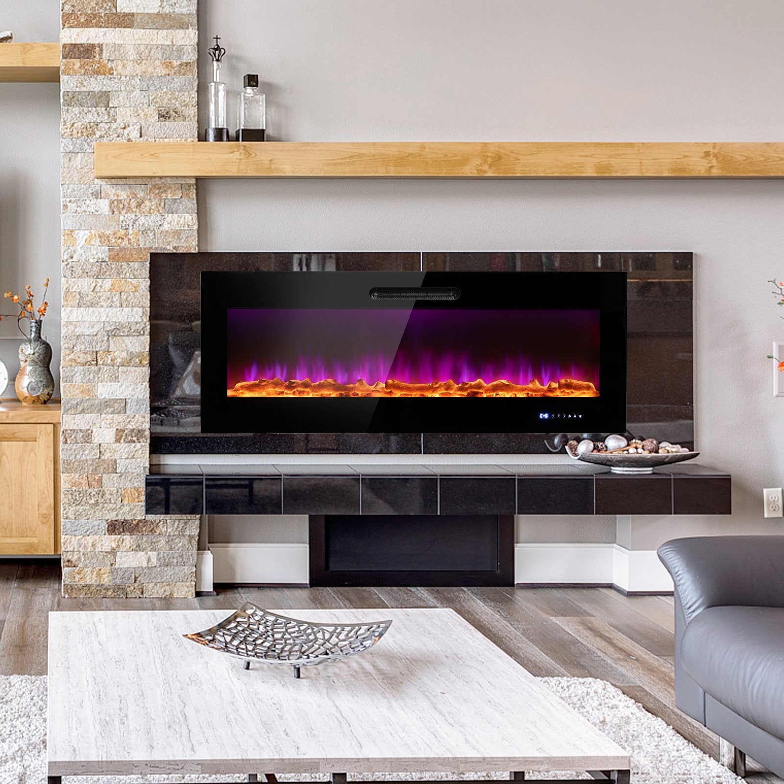 50/60 Inch Wall Mounted Recessed Electric Fireplace with Decorative Crystal and Log-50 inches, Black Fireplaces   at Gallery Canada