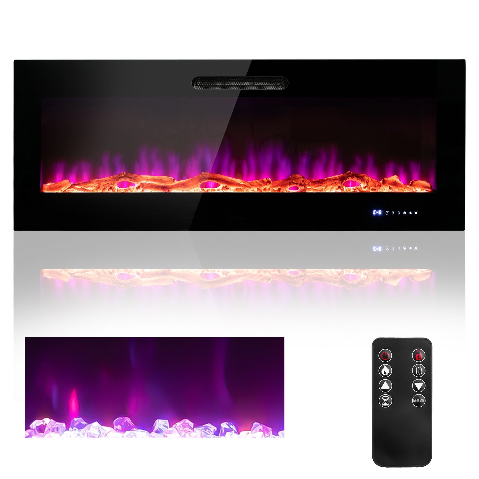 50/60 Inch Wall Mounted Recessed Electric Fireplace with Decorative Crystal and Log-60 inches, Black Fireplaces   at Gallery Canada