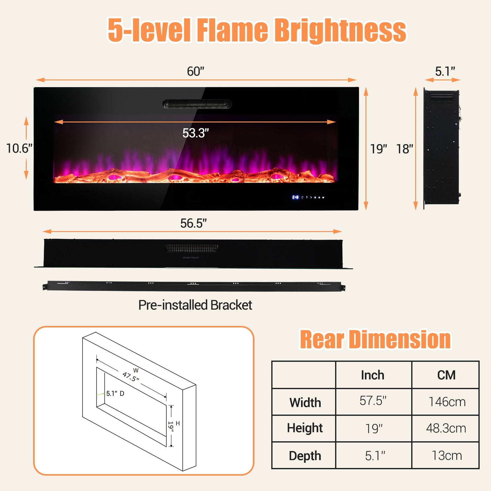 50/60 Inch Wall Mounted Recessed Electric Fireplace with Decorative Crystal and Log-60 inches, Black Fireplaces   at Gallery Canada