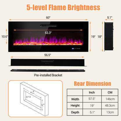 50/60 Inch Wall Mounted Recessed Electric Fireplace with Decorative Crystal and Log-60 inches, Black Fireplaces   at Gallery Canada