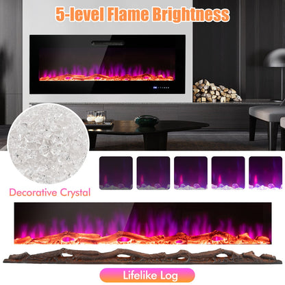 50/60 Inch Wall Mounted Recessed Electric Fireplace with Decorative Crystal and Log-60 inches, Black Fireplaces   at Gallery Canada