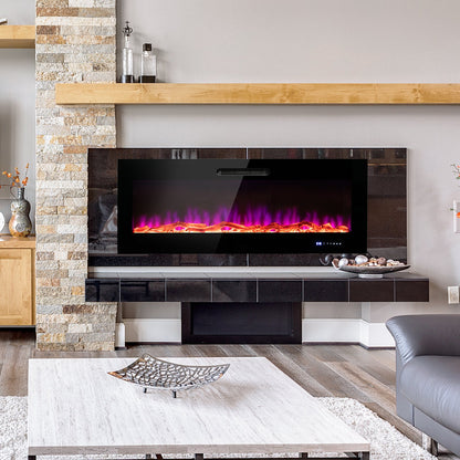 50/60 Inch Wall Mounted Recessed Electric Fireplace with Decorative Crystal and Log-60 inches, Black Fireplaces   at Gallery Canada