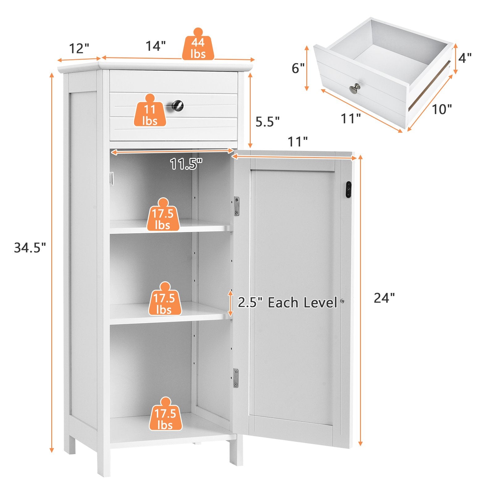 Wooden Storage Free-Standing Floor Cabinet with Drawer and Shelf, White Floor Cabinets   at Gallery Canada