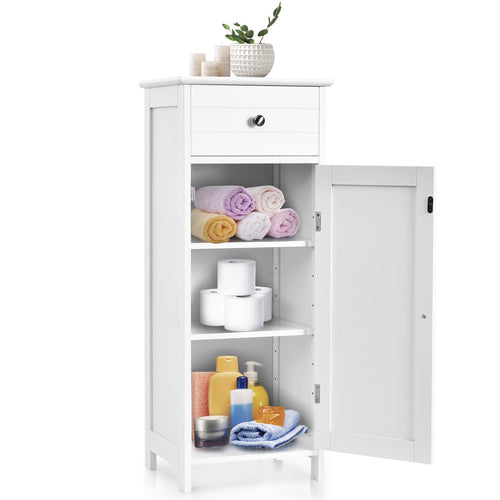 Wooden Storage Free-Standing Floor Cabinet with Drawer and Shelf, White