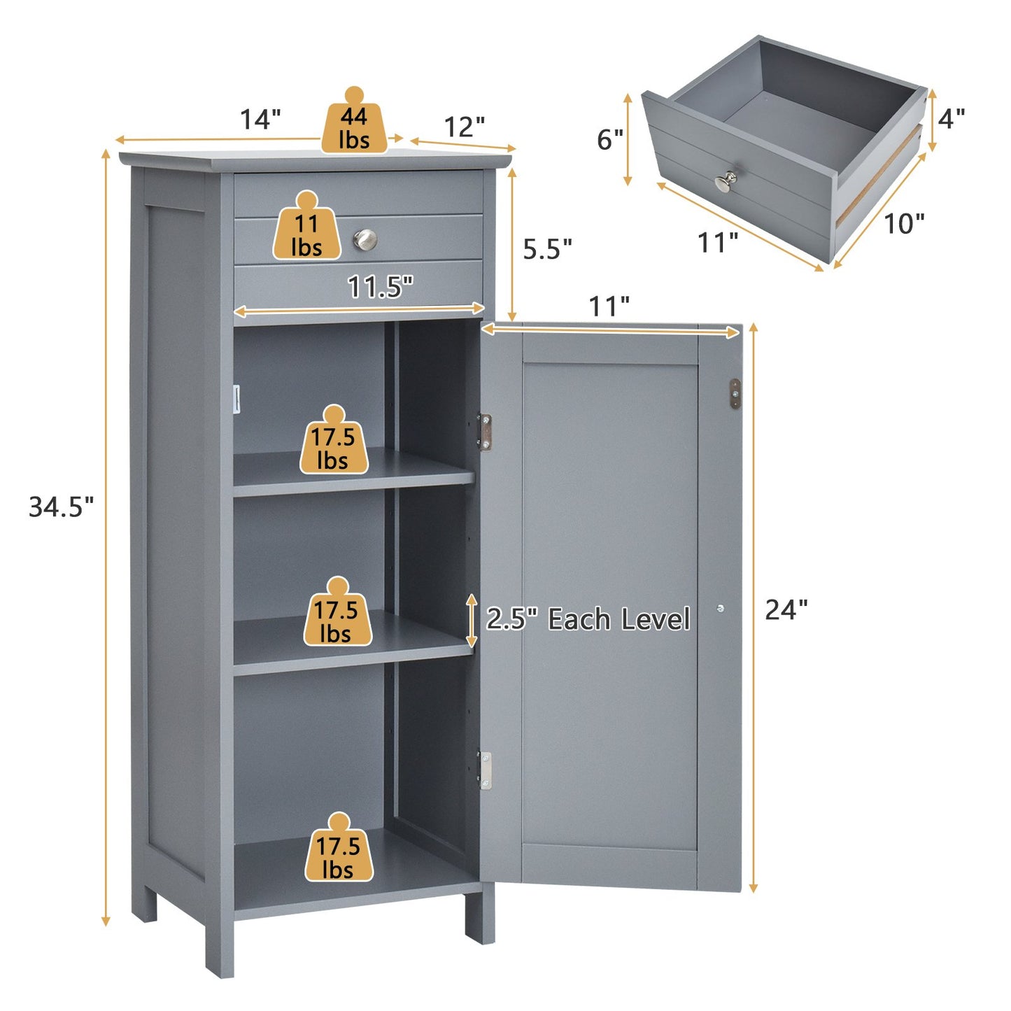 Wooden Storage Free-Standing Floor Cabinet with Drawer and Shelf, Gray Floor Cabinets   at Gallery Canada