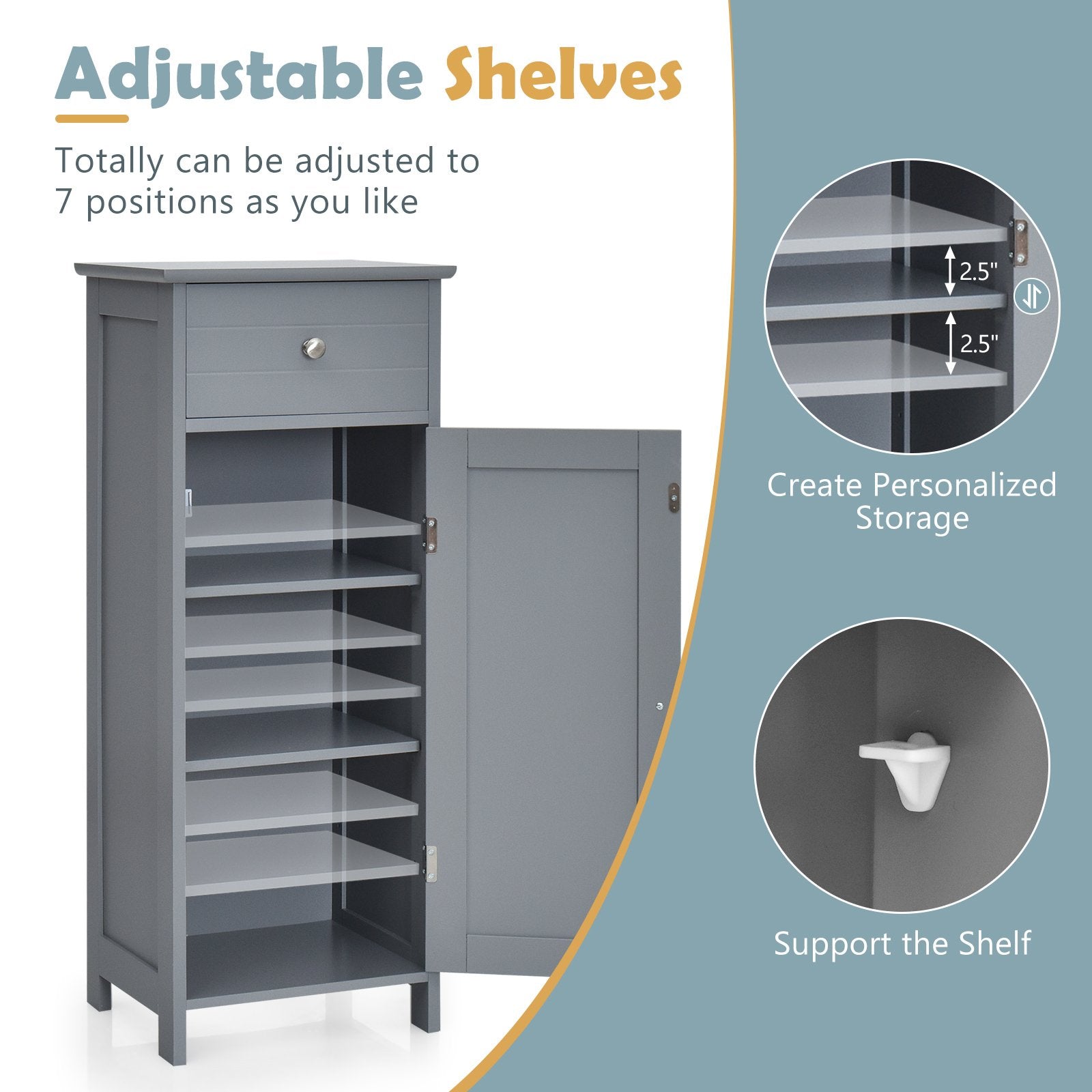 Wooden Storage Free-Standing Floor Cabinet with Drawer and Shelf, Gray Floor Cabinets   at Gallery Canada