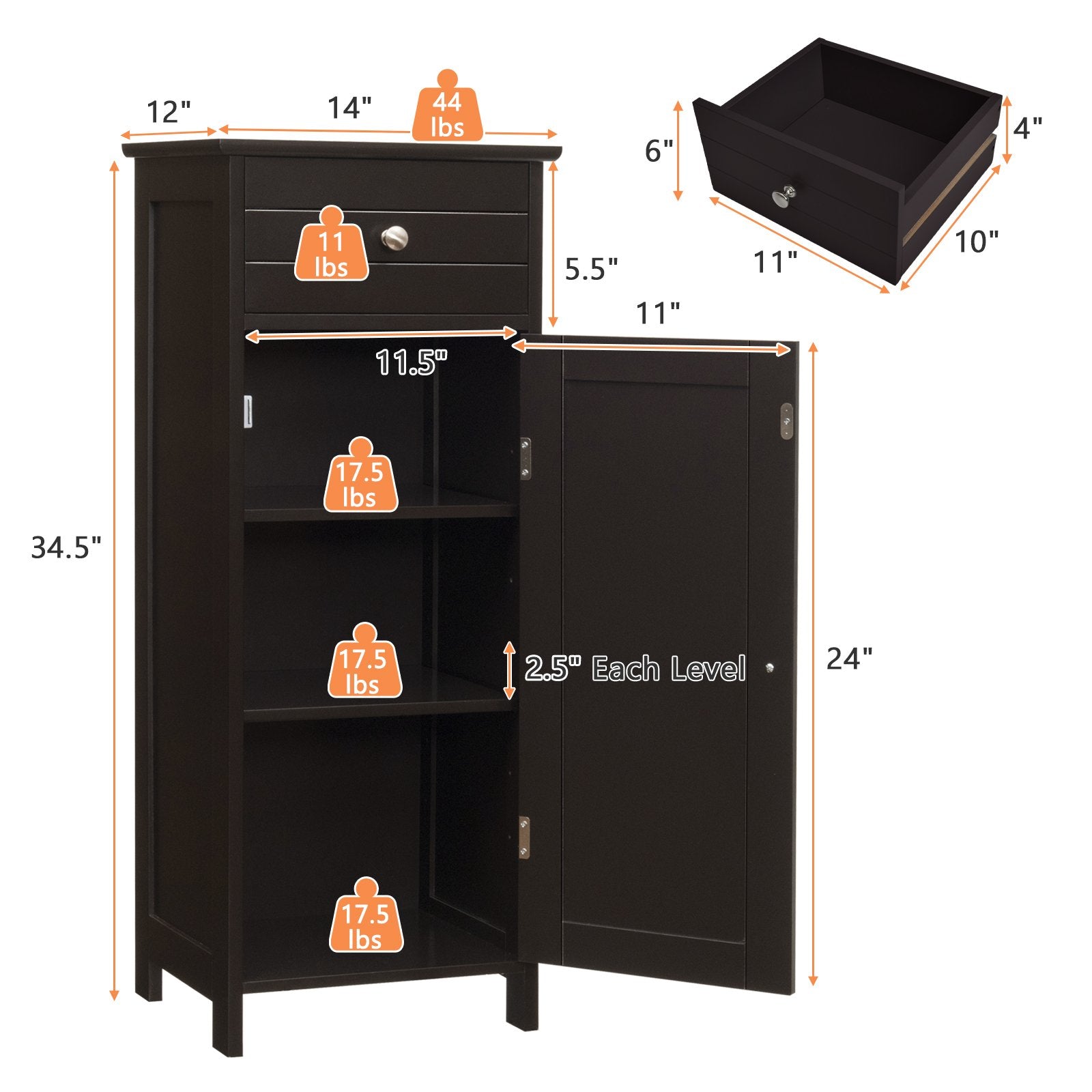 Wooden Storage Free-Standing Floor Cabinet with Drawer and Shelf, Brown Floor Cabinets   at Gallery Canada