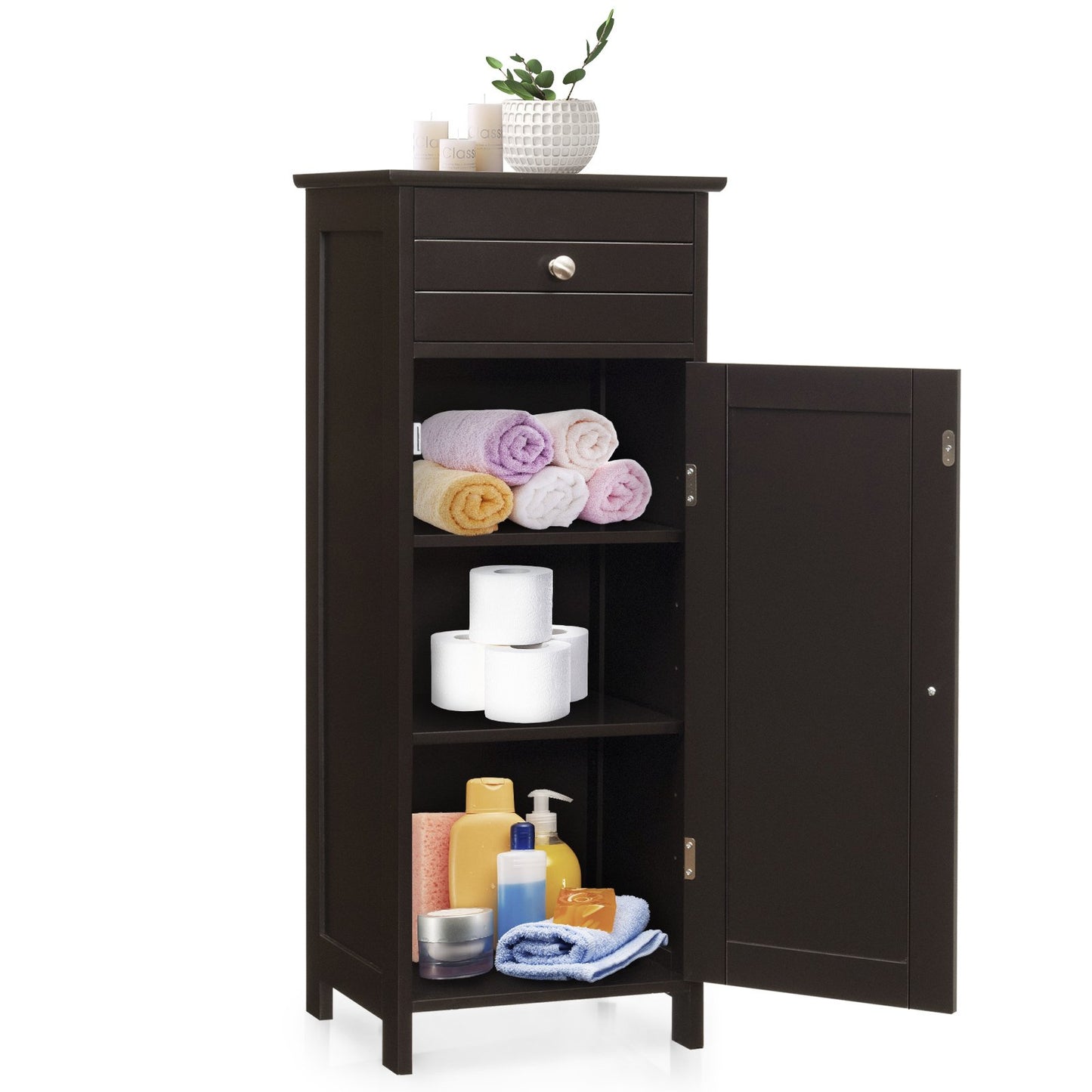 Wooden Storage Free-Standing Floor Cabinet with Drawer and Shelf, Brown Floor Cabinets   at Gallery Canada