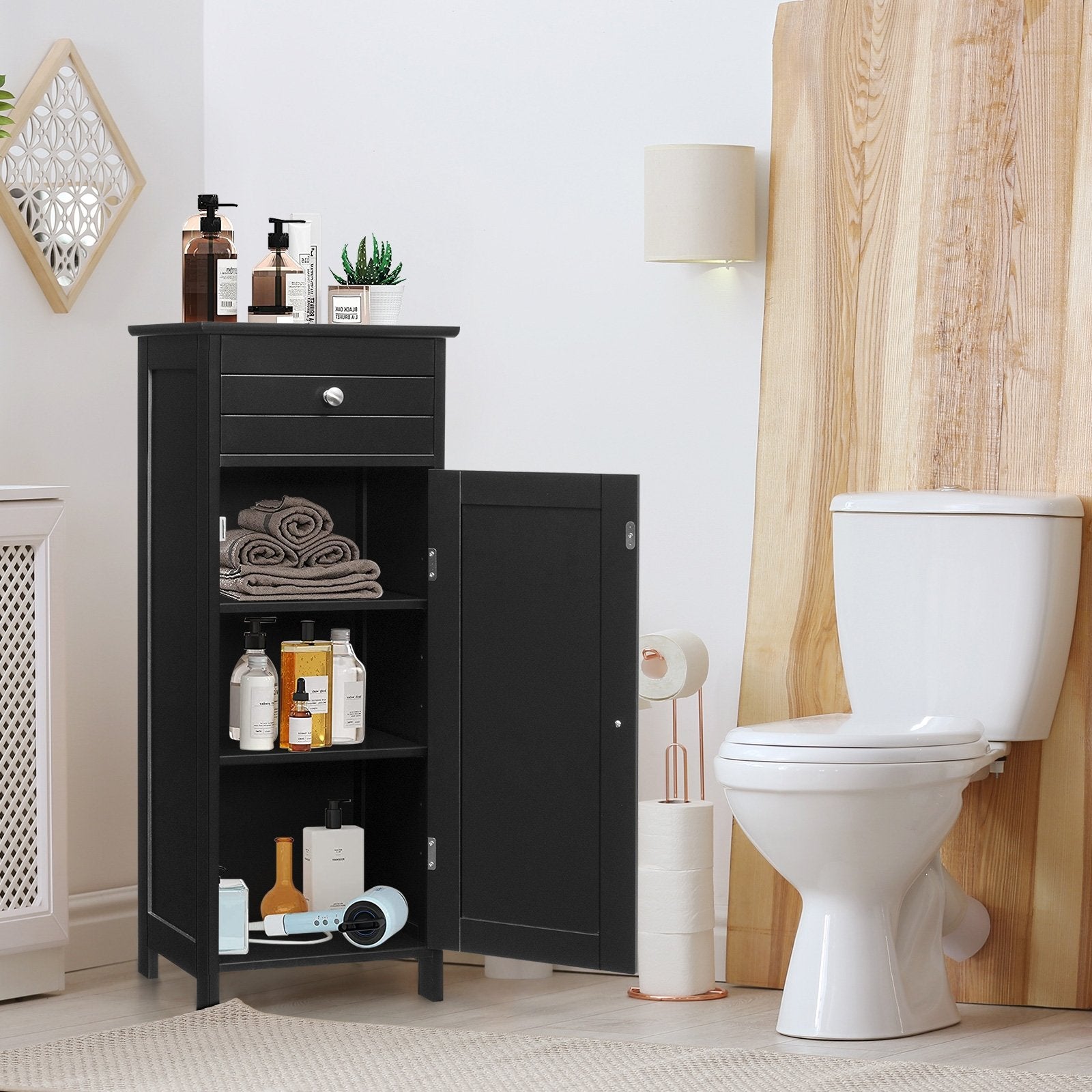 Wooden Storage Free-Standing Floor Cabinet with Drawer and Shelf, Black Floor Cabinets   at Gallery Canada