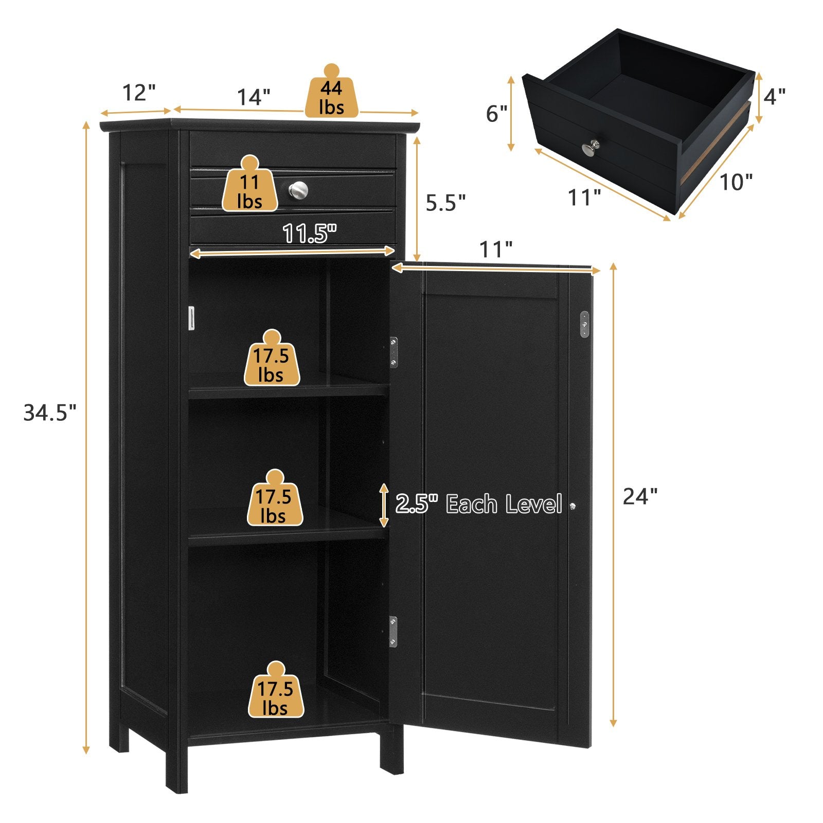 Wooden Storage Free-Standing Floor Cabinet with Drawer and Shelf, Black Floor Cabinets   at Gallery Canada