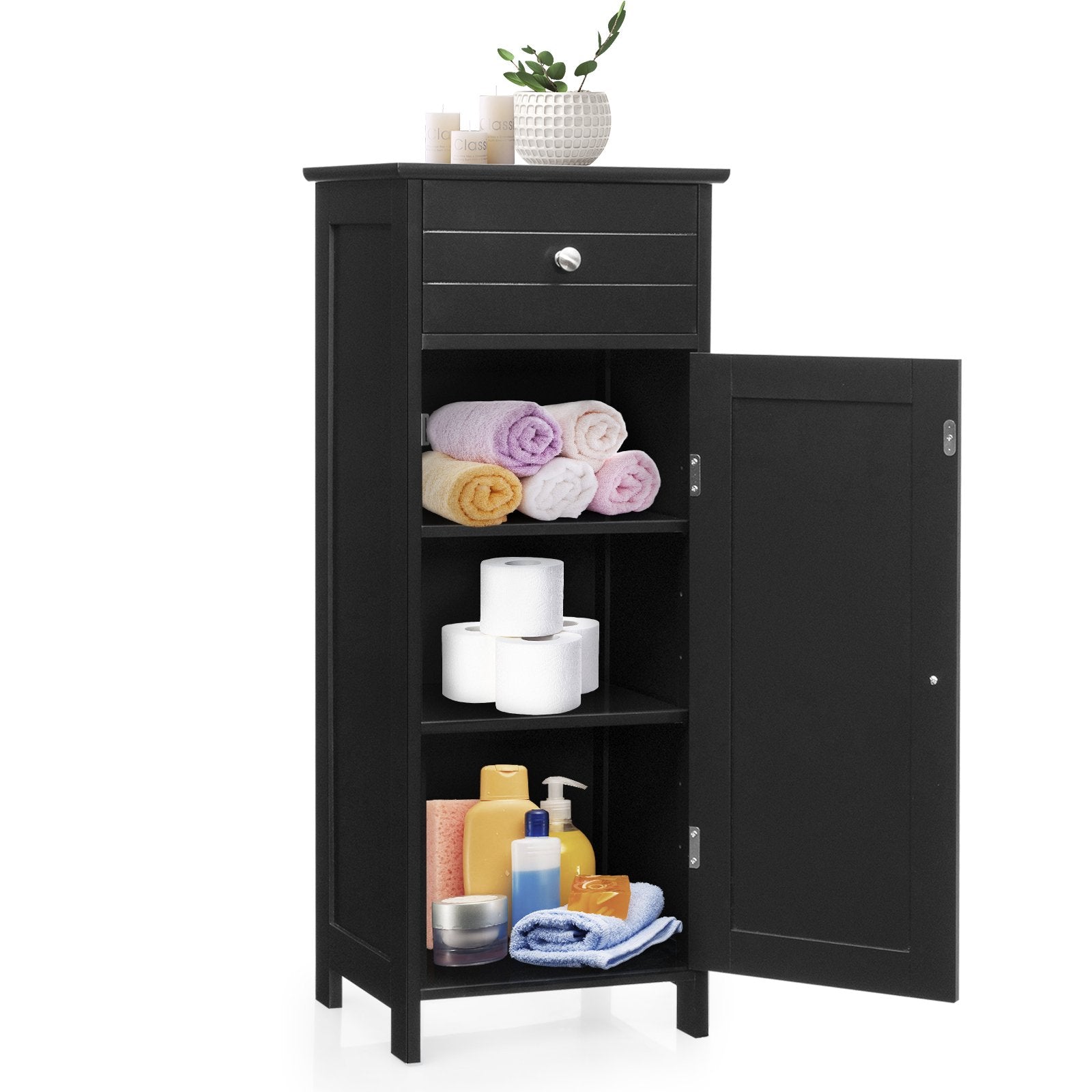 Wooden Storage Free-Standing Floor Cabinet with Drawer and Shelf, Black Floor Cabinets   at Gallery Canada