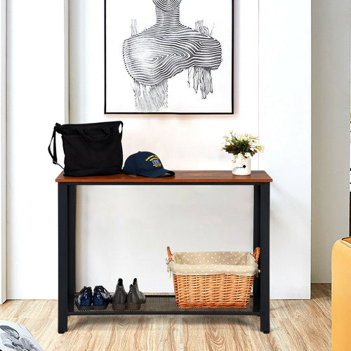 Metal Frame Wood  Console Sofa Table with Storage Shelf, Black