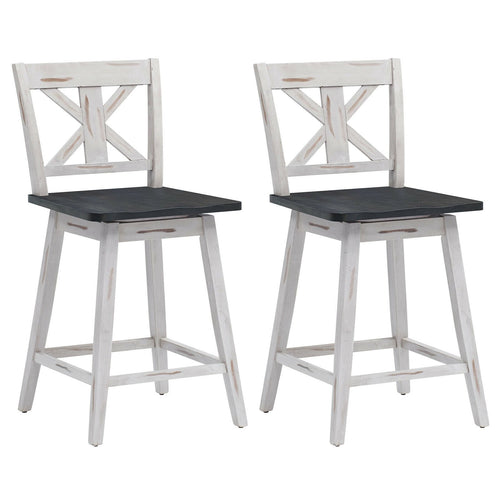 Set of 2 Swivel Counter Height Bar Stools with Solid Wood Legs, White