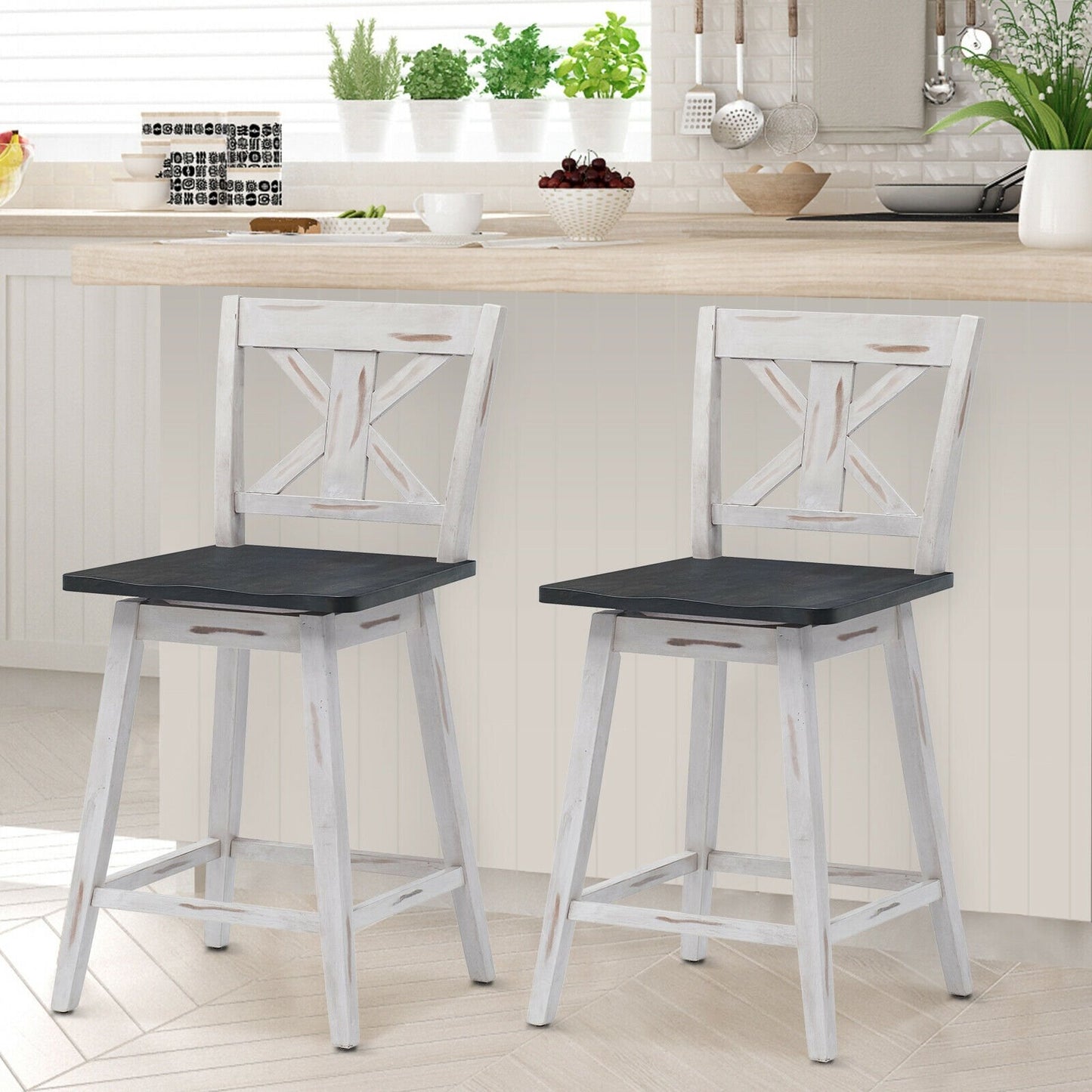 Set of 2 Swivel Counter Height Bar Stools with Solid Wood Legs, White Bar Stools   at Gallery Canada