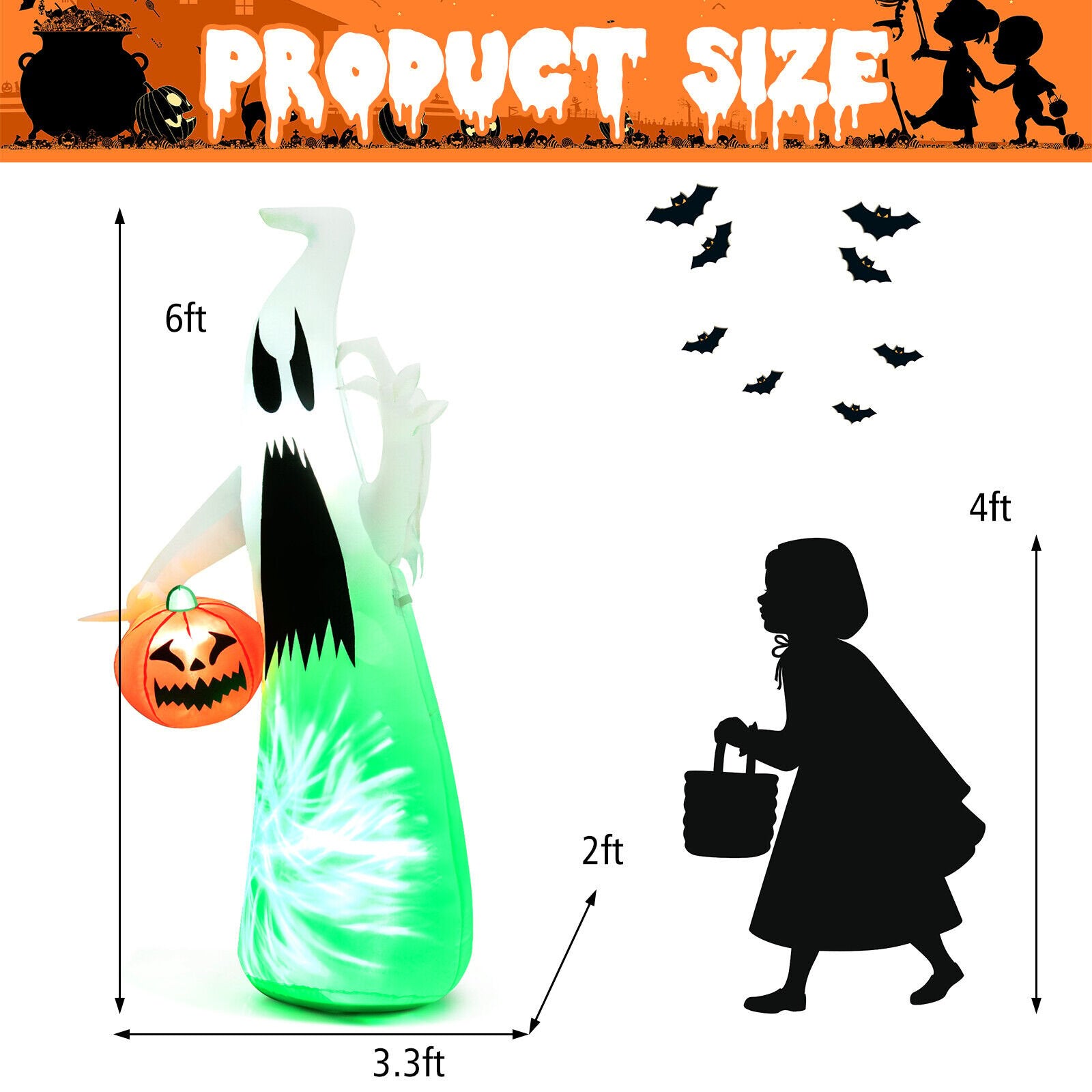 6 Feet Halloween Inflatable Ghost with Built-in LED and Blower, White - Gallery Canada