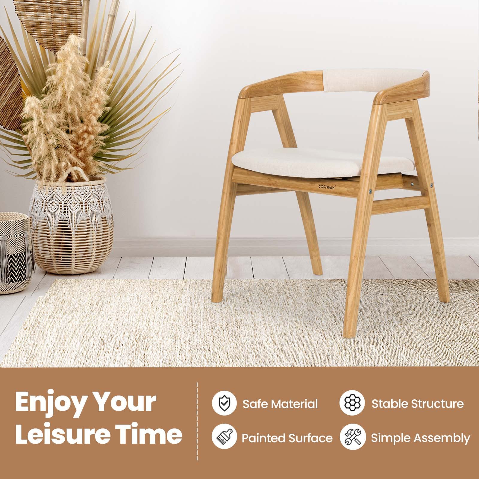 Leisure Bamboo Dining Chair with Curved Back and Anti-slip Foot Pads, Natural Dining Chairs   at Gallery Canada