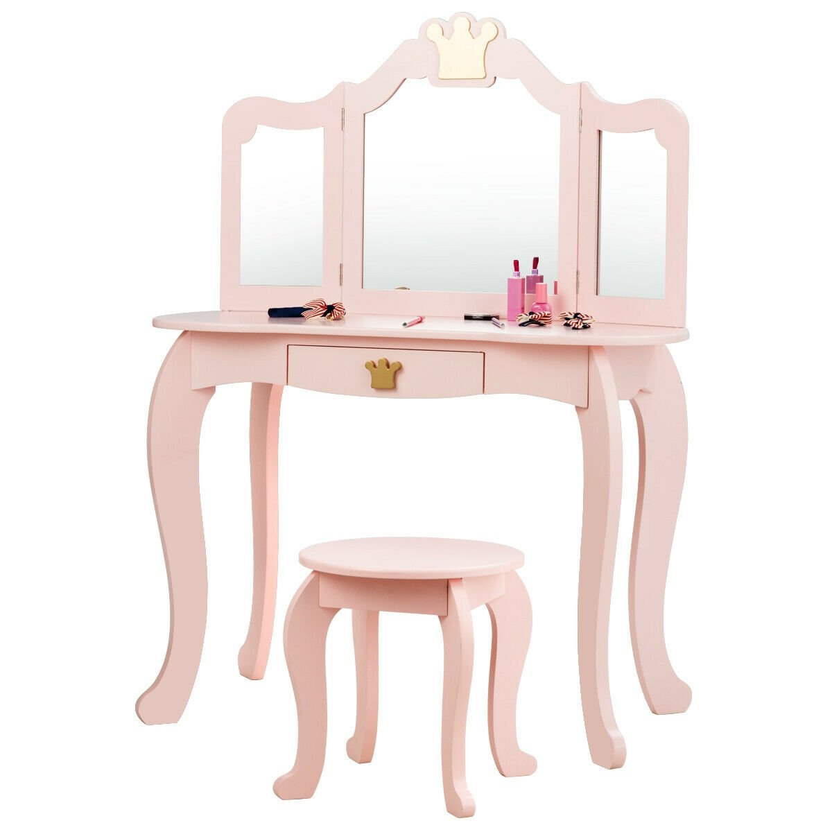 Kids Makeup Dressing Table with Tri-folding Mirror and Stool, Pink Kids Vanities   at Gallery Canada