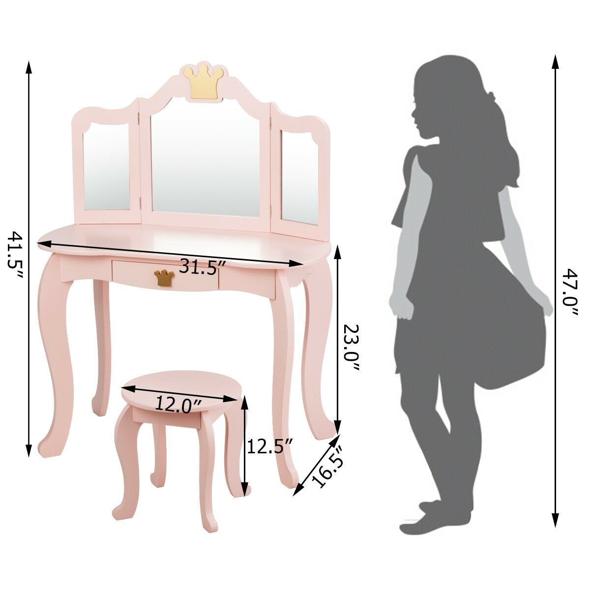 Kids Makeup Dressing Table with Tri-folding Mirror and Stool, Pink Kids Vanities   at Gallery Canada