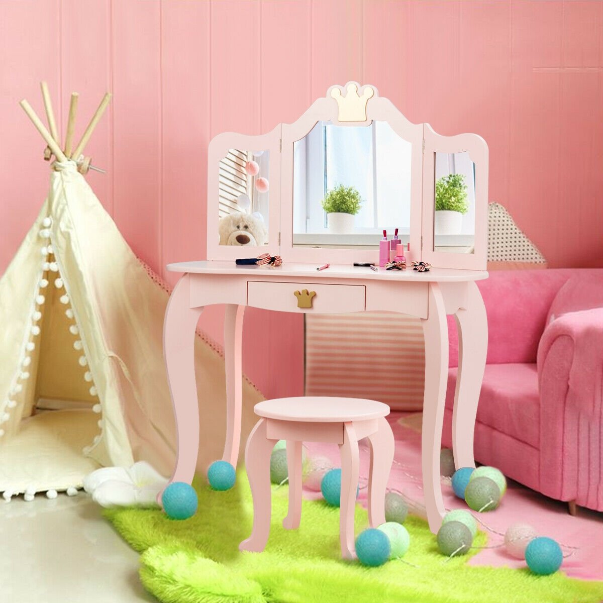 Kids Makeup Dressing Table with Tri-folding Mirror and Stool, Pink Kids Vanities   at Gallery Canada