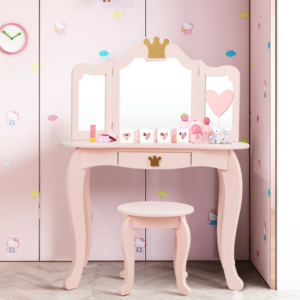 Kids Makeup Dressing Table with Tri-folding Mirror and Stool, Pink Kids Vanities   at Gallery Canada