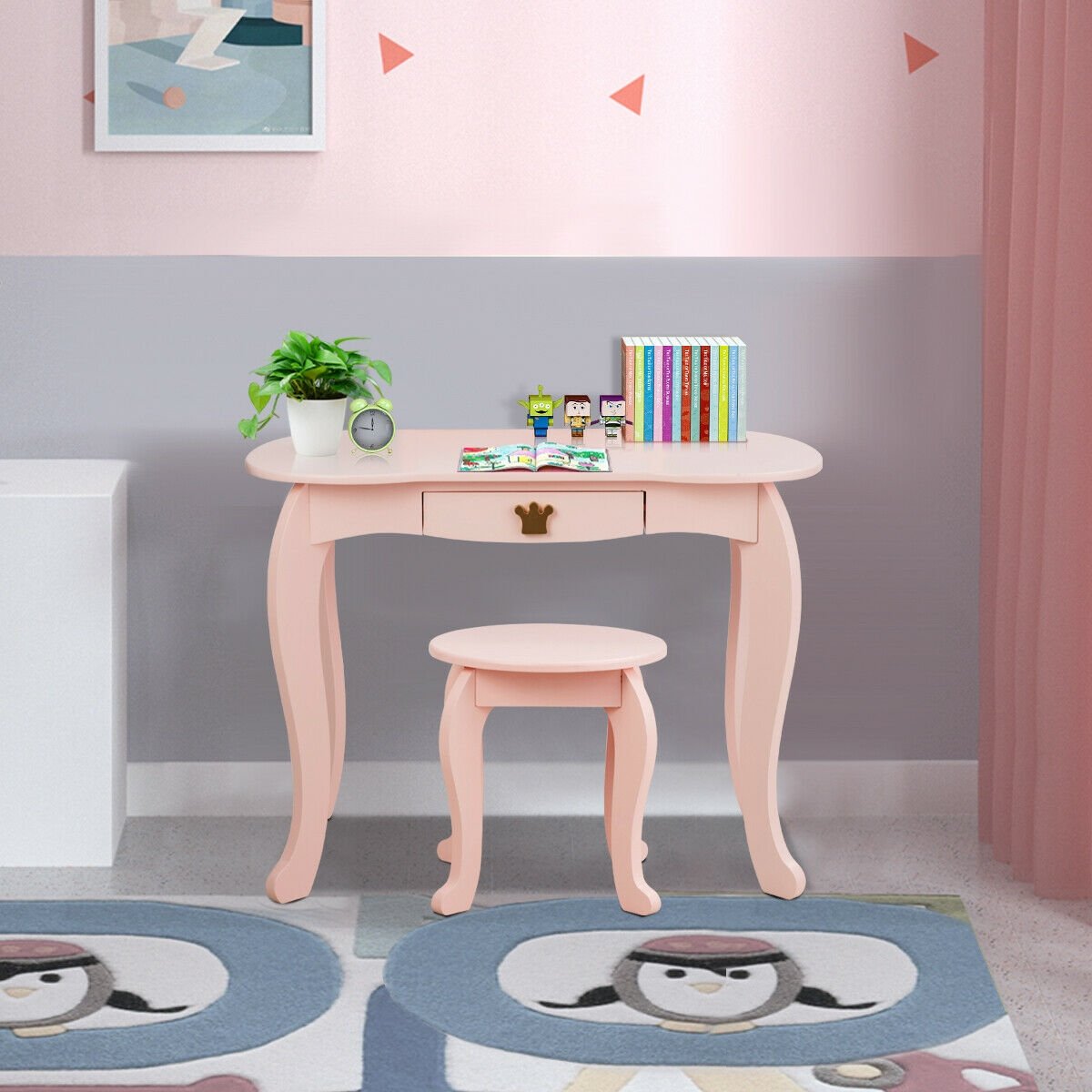 Kids Makeup Dressing Table with Tri-folding Mirror and Stool, Pink Kids Vanities   at Gallery Canada