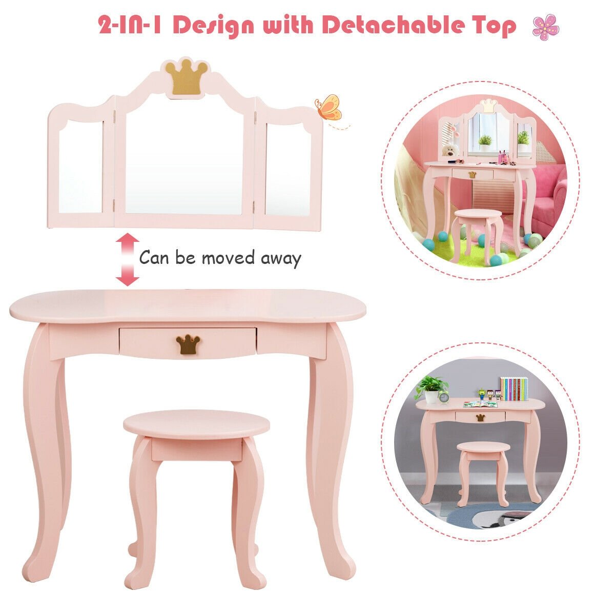 Kids Makeup Dressing Table with Tri-folding Mirror and Stool, Pink Kids Vanities   at Gallery Canada