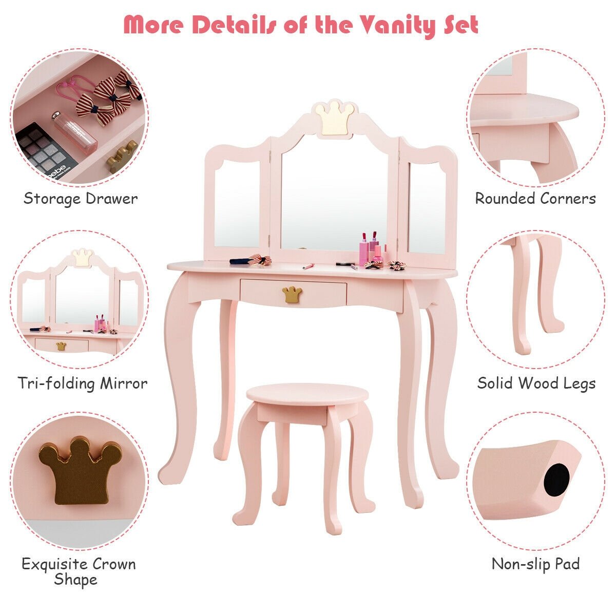 Kids Makeup Dressing Table with Tri-folding Mirror and Stool, Pink Kids Vanities   at Gallery Canada