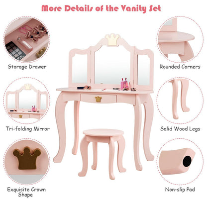 Kids Makeup Dressing Table with Tri-folding Mirror and Stool, Pink - Gallery Canada