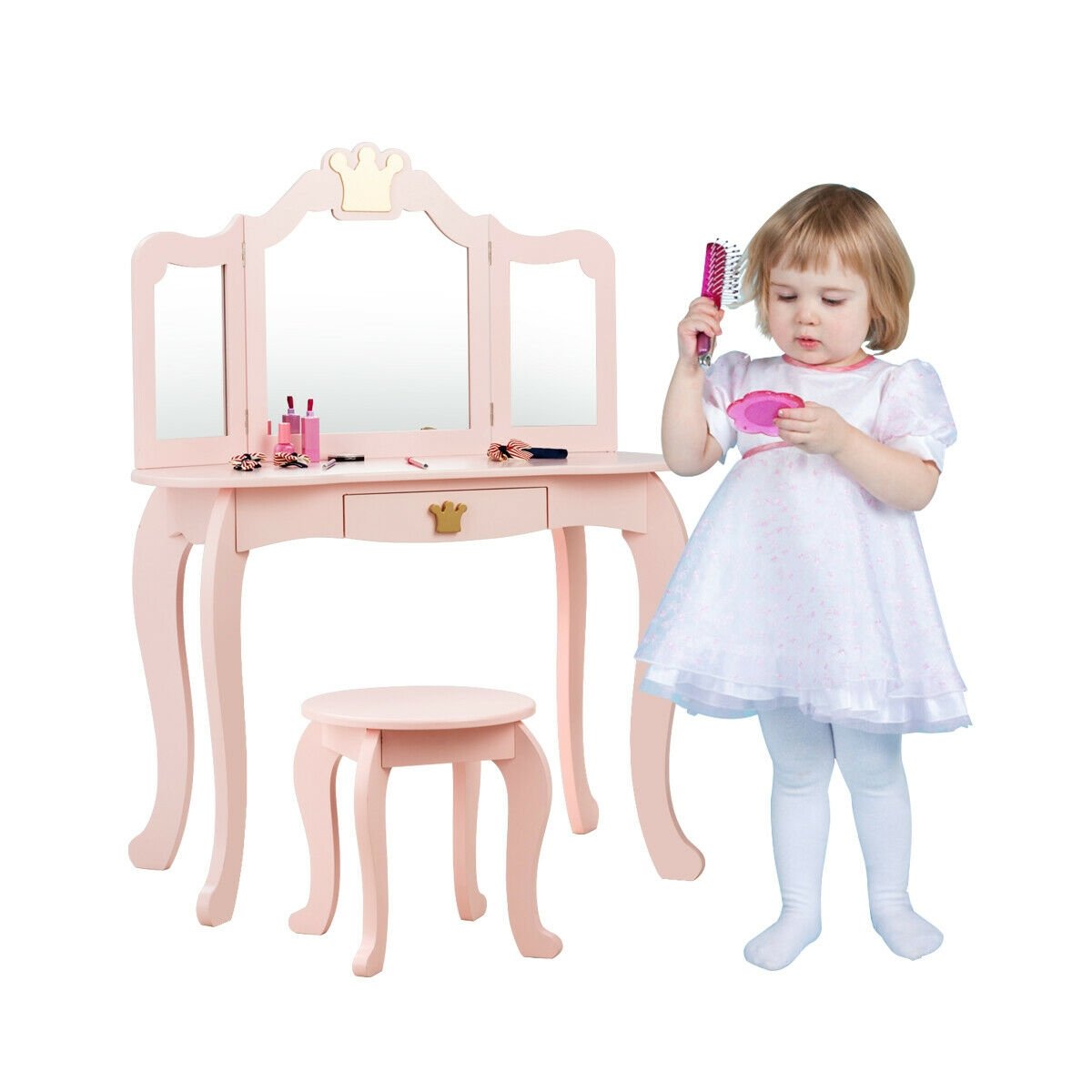 Kids Makeup Dressing Table with Tri-folding Mirror and Stool, Pink Kids Vanities   at Gallery Canada